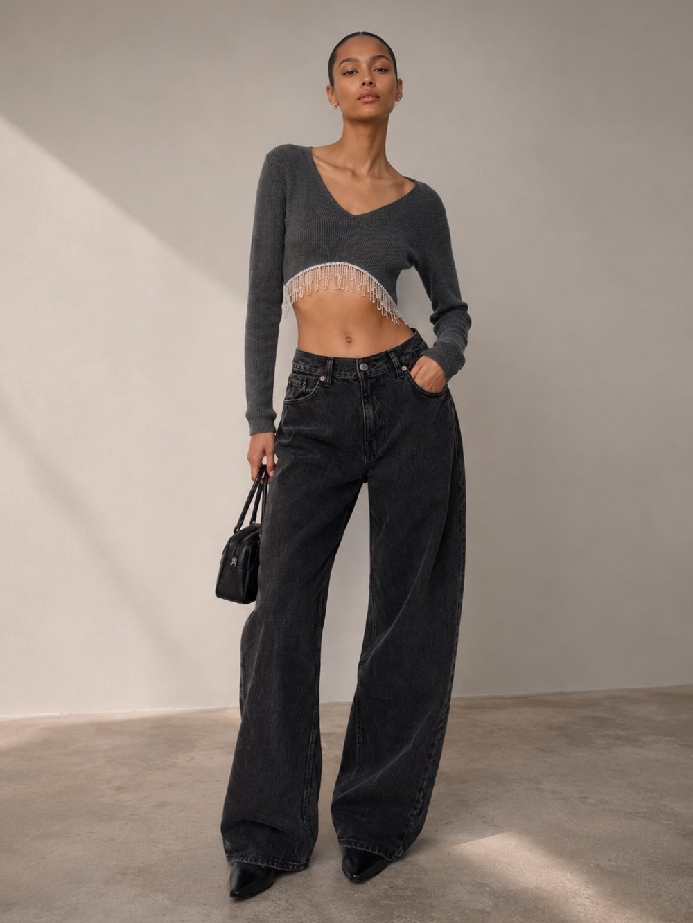 Zara Rhinestone Fringe Crop Top Gray Ribbed Y2K Going Out Party Top Size L